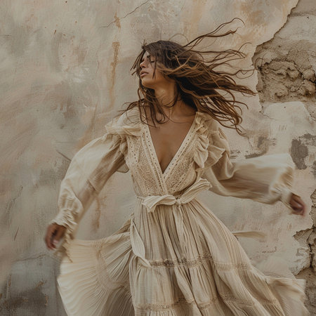 Portrait of a beautiful girl in a white dress with flying hair.の素材