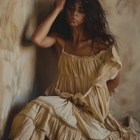Sexy brunette woman with long hair in beige dress indoors.の素材