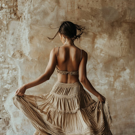 Back view of young beautiful woman in beige dress posing in studioの素材