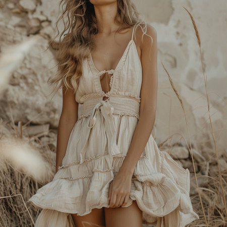 Beautiful young woman in a white dress on the background of an old wallの素材