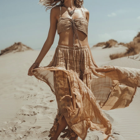Beautiful young woman in bikini walking on the sand dunes of the desertの素材