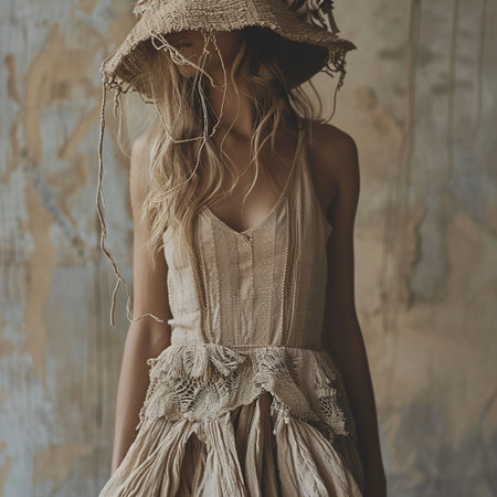Portrait of a beautiful blonde girl in a straw hat and lace dressの素材