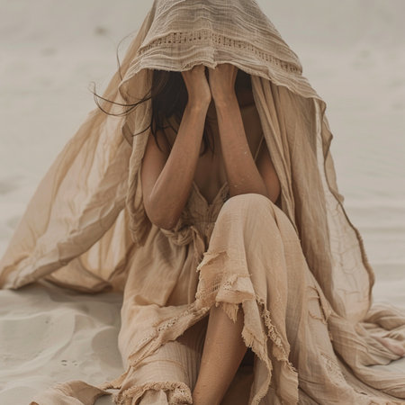 Beautiful young woman sitting on the sand and covering her face with a blanketの素材