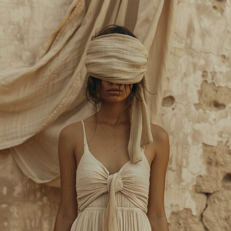 Portrait of a beautiful girl in a white dress and a bandage on her headの素材