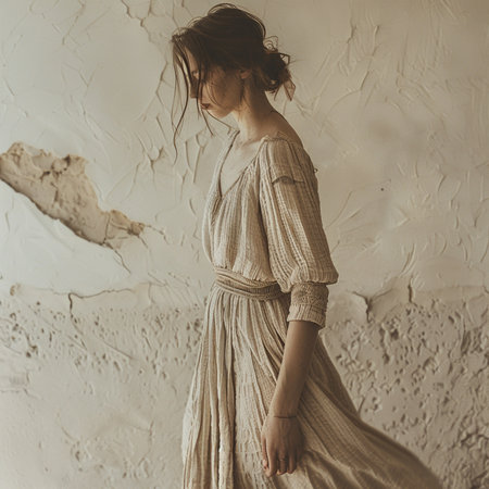 fashion interior photo of beautiful sensual woman with dark hair in elegant dress posing in studioの素材