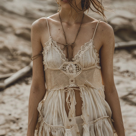 Beautiful blonde girl in a beige lace dress on the beachの素材