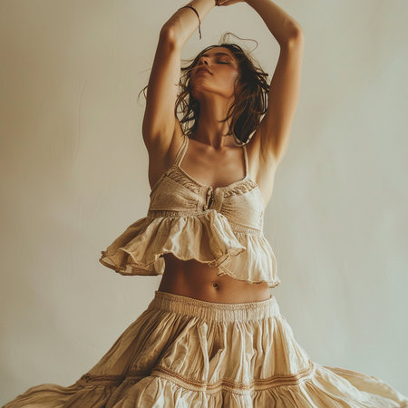 Portrait of a beautiful young woman in a beige dress.の素材