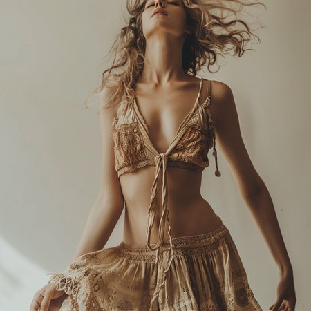 Sexy young woman in beige lingerie posing in a studioの素材