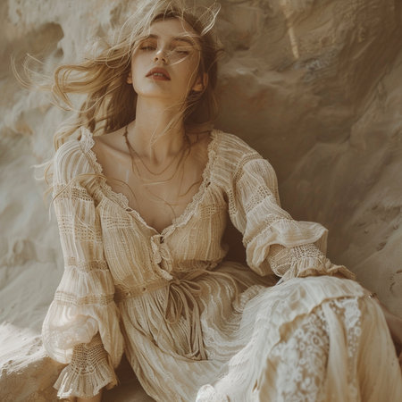 beautiful blonde girl in a white dress sitting on the rocks in the desertの素材