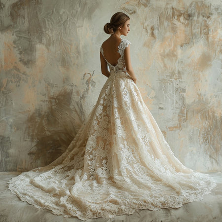 Beautiful bride in wedding dress posing on a beige background.の素材