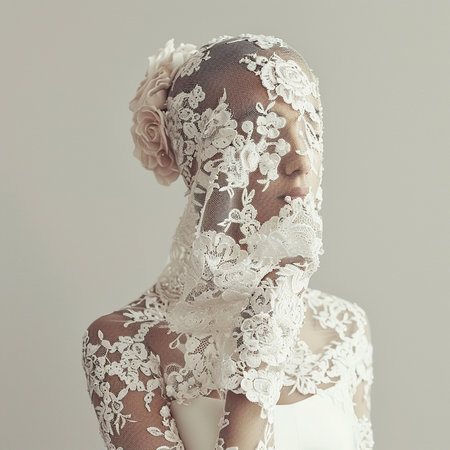 Portrait of beautiful African American woman in white lace wedding dress.の素材