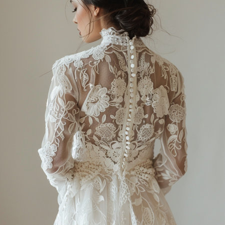 Beautiful brunette bride in white lace wedding dress, studio shotの素材