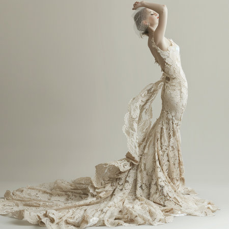 Beautiful woman in a wedding dress. Studio shot. Gray background.の素材