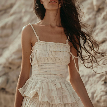 fashion outdoor photo of beautiful sensual woman with dark hair in elegant dress and accessories posing on summer beachの素材