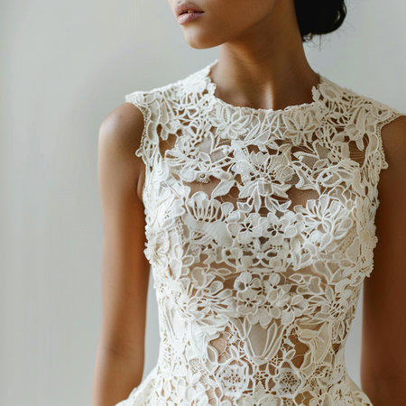 Beautiful lace wedding dress on the bride's body. Wedding dressの素材