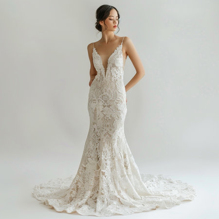 Beautiful bride in a wedding dress posing on a white background.の素材