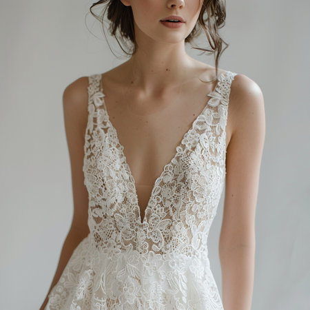 Beautiful sexy lady in elegant white wedding dress. Portrait of fashion model girl indoorsの素材