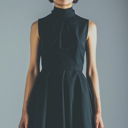Fashion photo of a woman in black dress on gray background.の素材