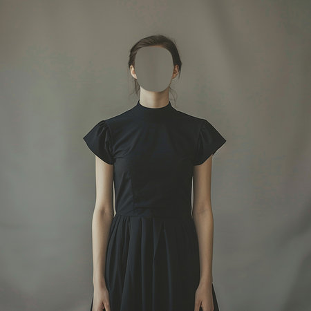 Young woman in black dress with mask on her face. Mock up.の素材