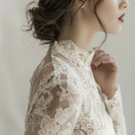 fashion studio photo of gorgeous woman with dark hair in elegant lace dressの素材