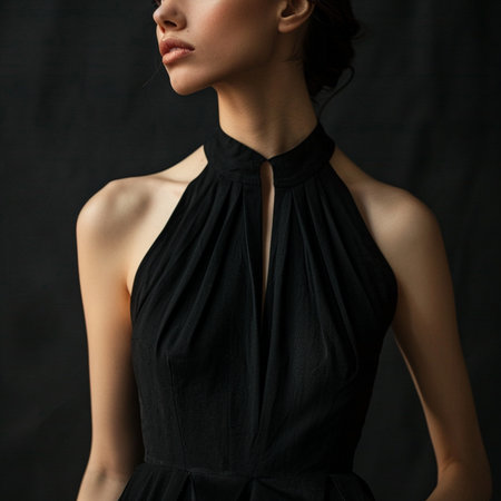 Fashion photo of young beautiful woman in black dress on black backgroundの素材