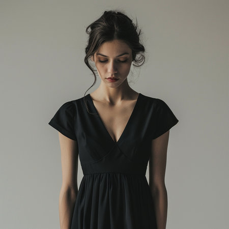 Portrait of a beautiful young woman in a black dress on a gray backgroundの素材