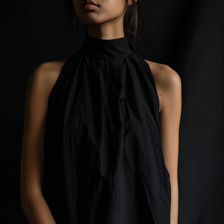 Beautiful female body in a black dress on a black background.の素材