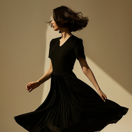 Beautiful young woman in black dress dancing on white background. Studio shot.の素材