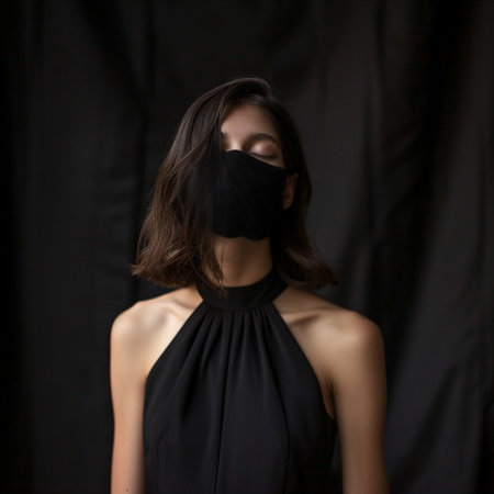 portrait of a beautiful girl in a black mask on a black backgroundの素材