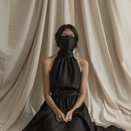 Portrait of a beautiful asian woman wearing a black mask and black dressの素材