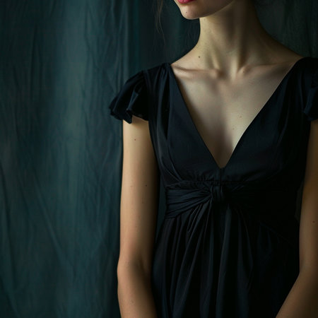 Young woman in a black dress on a dark background. Toned.の素材