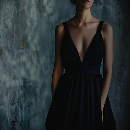 Portrait of a beautiful girl in a black dress. Fashion photoの素材