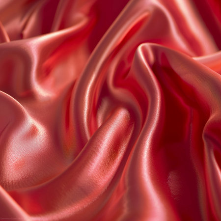 Closeup of rippled red satin fabric as background textureの素材