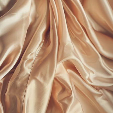 Closeup of golden satin fabric as background. Luxury backgroundの素材