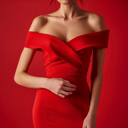 Beautiful slim body of woman in red dress. Studio shot.の素材