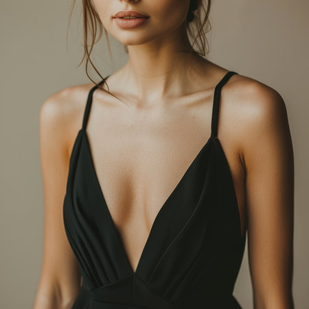 Beautiful slim body of young woman in studio, wearing black dressの素材