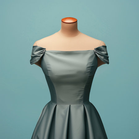 Fashionable female dress on a mannequin on blue backgroundの素材