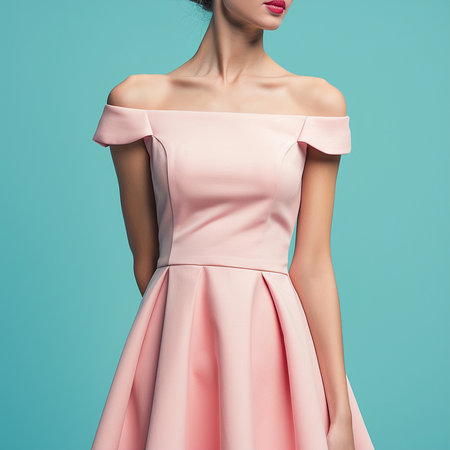 Fashion photo of a beautiful woman in a pink dress on a blue backgroundの素材