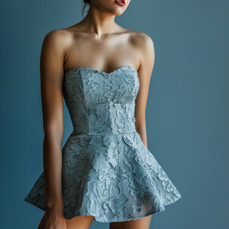 Beautiful slim body of young woman in studio, wearing elegant dressの素材