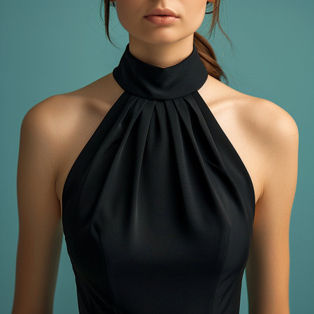 Fashion photo of a beautiful woman in a black dress with a silk scarf.の素材
