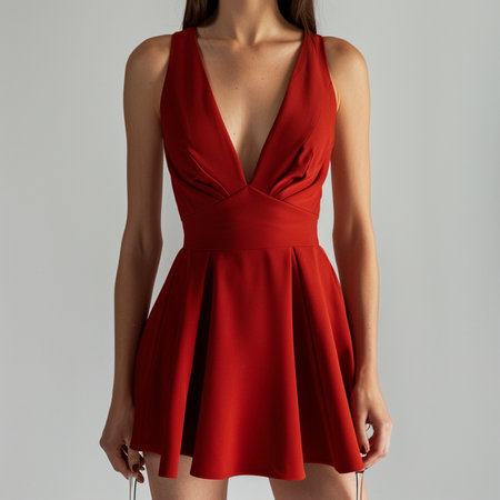 Fashionable red dress on a model in a studio, close-upの素材