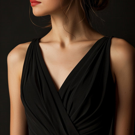 Beautiful girl in a black dress on a dark background. Close-upの素材