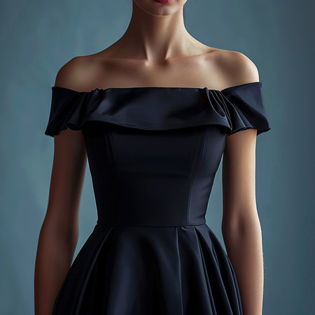 Beautiful young woman in a blue dress on a black background.の素材