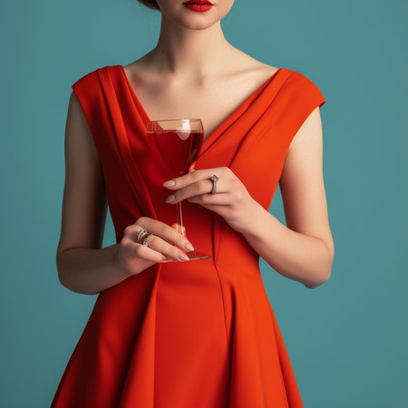 Fashionable black dress on a woman on a red background.の素材