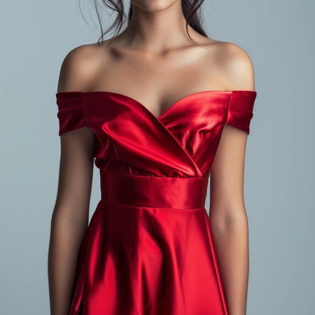 cropped view of young woman in red dress holding glass of wine isolated on blueの素材