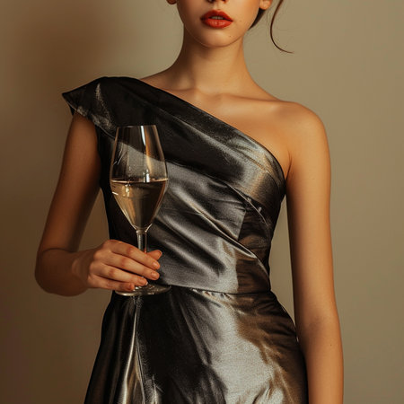 Beautiful young woman in evening dress with glass of white wine.の素材