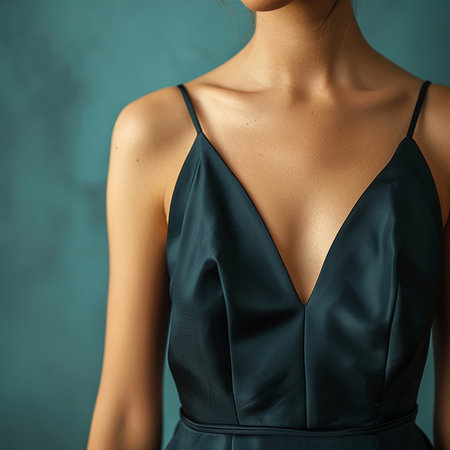 Beautiful woman in a black dress on a blue background, close-upの素材