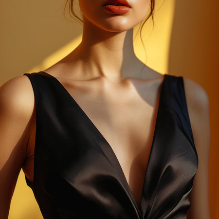 Fashion portrait of young beautiful woman in black evening dress. Perfect skin.の素材