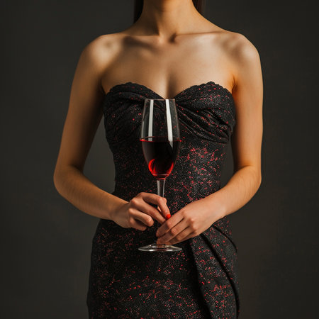 cropped view of woman holding glass of red wine isolated on greyの素材