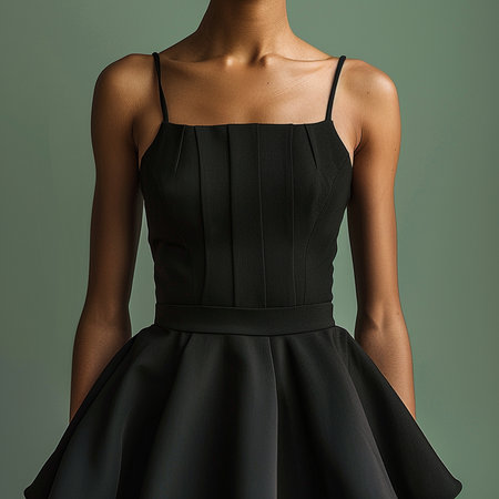 Fashion photo of a model in black dress on a green backgroundの素材